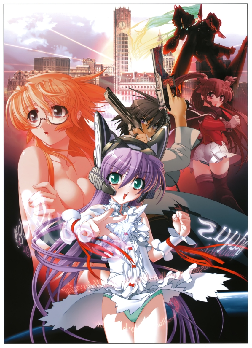 1boy 3girls :o absurdres al_azif_(demonbane) black-framed_eyewear black_cape black_legwear blonde_hair breasts brown_hair cape cleavage clothes_lift covering_breasts covering_privates daijuuji_kurou demonbane dress dress_lift dual_wielding floating_hair glasses green_eyes green_panties gun hadou_ruri hair_between_eyes headgear highres holding holding_gun holding_weapon leica_(demonbane) long_hair long_sleeves looking_back mecha medium_breasts miniskirt multiple_girls nishii_(damnedrive) nude open_mouth panties pleated_skirt purple_hair red_eyes red_shirt robot semi-rimless_eyewear shirt short_dress skirt sleeveless sleeveless_dress striped_clothes striped_panties thighhighs twintails under-rim_eyewear underwear v-shaped_eyebrows very_long_hair weapon white_dress white_skirt