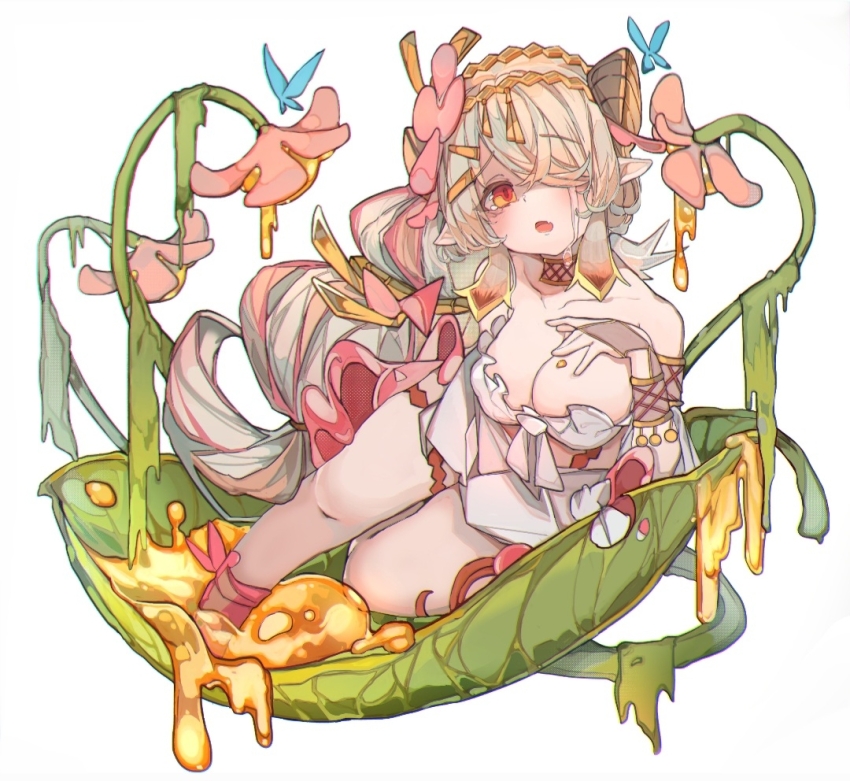 1girl bare_shoulders blush breasts bridal_gauntlets cleavage dress duel_monster flower hair_flower hair_ornament hair_over_one_eye honey large_breasts long_hair looking_at_viewer multicolored_hair nectar open_mouth pink_hair pointy_ears rancha06743732 red_eyes solo traptrix_pinguicula yu-gi-oh!