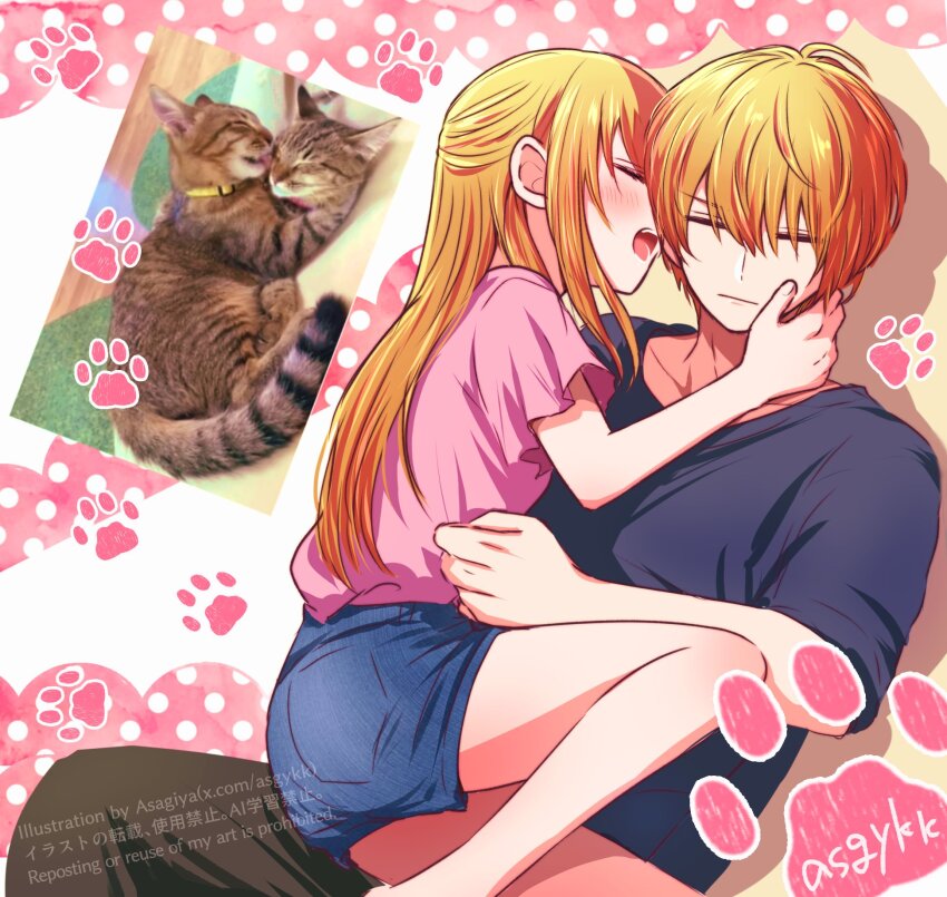 1boy 1girl animal_hands asgykk bare_legs black_pants blonde_hair blue_shirt blue_shorts brother_and_sister cat closed_eyes commentary_request hair_between_eyes highres hoshino_aquamarine hoshino_ruby long_hair open_mouth oshi_no_ko pants photo-referenced photo_background pink_shirt reference_inset shirt short_hair short_sleeves shorts siblings twins