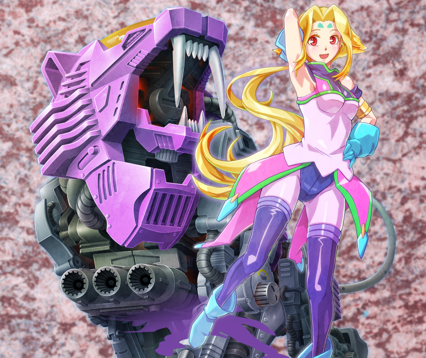 1girl absurdres blue_footwear blue_gloves blue_panties blush boots breasts fiona_(zoids) gloves hand_on_own_hip highres ibuki_sakura_(sgw_v07) long_hair looking_at_viewer low_ponytail mecha medium_breasts ookawara_kunio_(style) panties ponytail purple_thighhighs red_eyes robot science_fiction sharp_teeth shield_liger skindentation smile teeth thighhighs underwear very_long_hair zoids zoids_chaotic_century