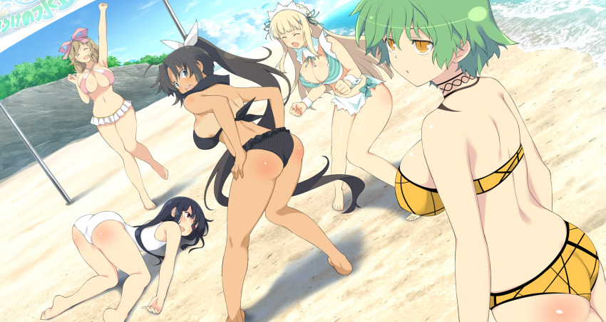 5girls :d ^_^ arm_up ass bare_shoulders barefoot beach bikini bikini_tan black_bikini black_hair black_one-piece_swimsuit blonde_hair breasts cleavage clenched_hand closed_eyes copyright_name day dutch_angle eyepatch flat_chest game_cg green_eyes green_hair hair_ribbon haruka_(senran_kagura) highres hikage_(senran_kagura) homura_(senran_kagura) kneeling large_breasts long_hair mirai_(senran_kagura) multiple_girls navel non-web_source official_art one-piece_swimsuit open_mouth outdoors polka_dot polka_dot_bikini ponytail red_eyes ribbon rock sand senran_kagura senran_kagura_estival_versus slit_pupils smile swimsuit tan tanline tattoo teeth toes top-down_bottom-up trefoil water watermark wrist_cuffs yaegashi_nan yomi_(senran_kagura)