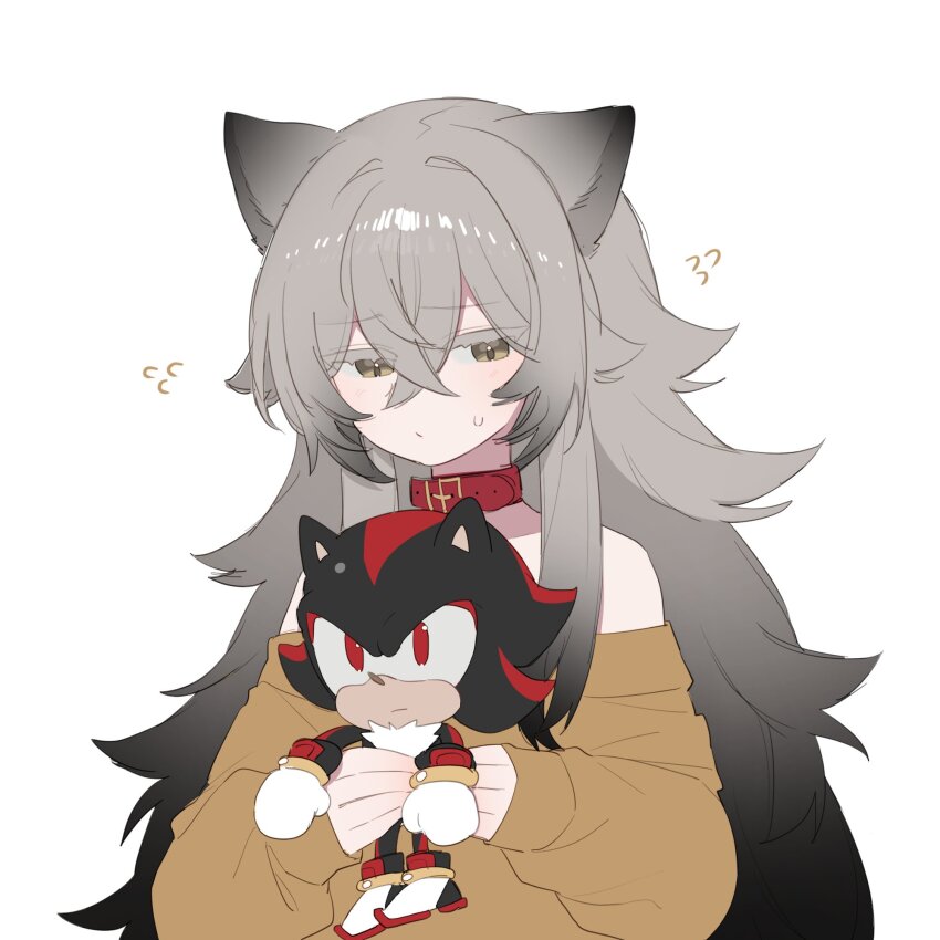 1girl animal_ears bare_shoulders brown_eyes brown_sweater collar crossover degrees_of_lewdity grey_hair highres holding holding_stuffed_toy kai_(drakkai10) long_hair original red_collar shadow_the_hedgehog shoya_(kai_(drakkai10)) simple_background sonic_(series) stuffed_toy sweater white_background