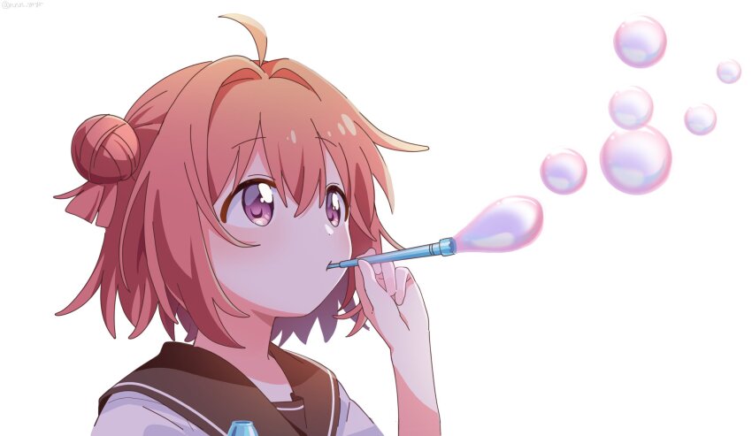 1girl ahoge akaza_akari blowing_bubbles blush brown_sailor_collar double_bun hair_bun highres nanamori_school_uniform nnn_yryr portrait purple_eyes red_hair sailor_collar school_uniform shirt short_hair simple_background solo white_background white_shirt yuruyuri