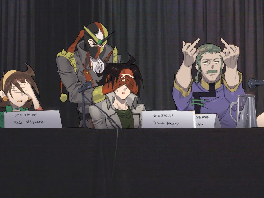 1girl 3boys bandana black_hair braid brothers brown_hair character_name choker commentary_request covering_face domon_kasshu double_middle_finger dougi earrings embarrassed english_text facial_hair g_gundam gloves grey_hair gundam hairband hands_up headband highres indoors jacket jewelry kyouji_kasshu long_hair male_focus mask master_asia microphone middle_finger multiple_boys mustache old old_man aged_up parody press_conference rain_mikamura scar schwarz_bruder serious shirt short_hair siblings sitting tanakalma uniform