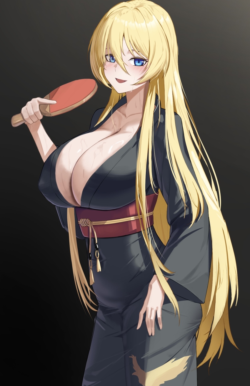 1girl alternate_costume azur_lane bismarck_(azur_lane) black_background blonde_hair blue_eyes blush breasts cleavage commentary_request cowboy_shot grey_kimono hair_between_eyes highres huge_breasts japanese_clothes kimono lom_(lom_lom_8) long_hair obi obijime open_mouth paddle sash solo sweat very_long_hair wide_sleeves