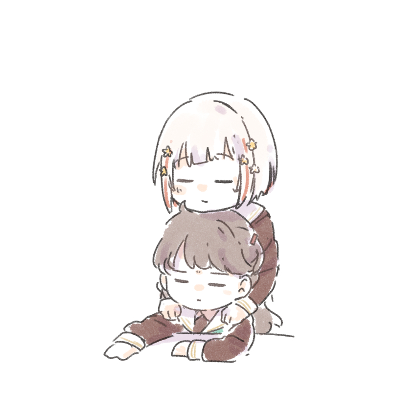 2girls ao_kaeru aqua_neckerchief bob_cut brown_dress brown_hair chin_rest closed_eyes colored_inner_hair commentary_request diagonal_bangs dress expressionless fujishima_megumi hair_ornament hasu_no_sora_school_uniform head_on_head head_rest highres inverted_bob link!_like!_love_live! long_hair long_sleeves love_live! multicolored_hair multiple_girls neckerchief red_hair sailor_collar sailor_dress school_uniform short_hair simple_background star_(symbol) star_hair_ornament streaked_hair two_side_up virtual_youtuber white_background white_hair white_sailor_collar winter_uniform yugiri_tsuzuri