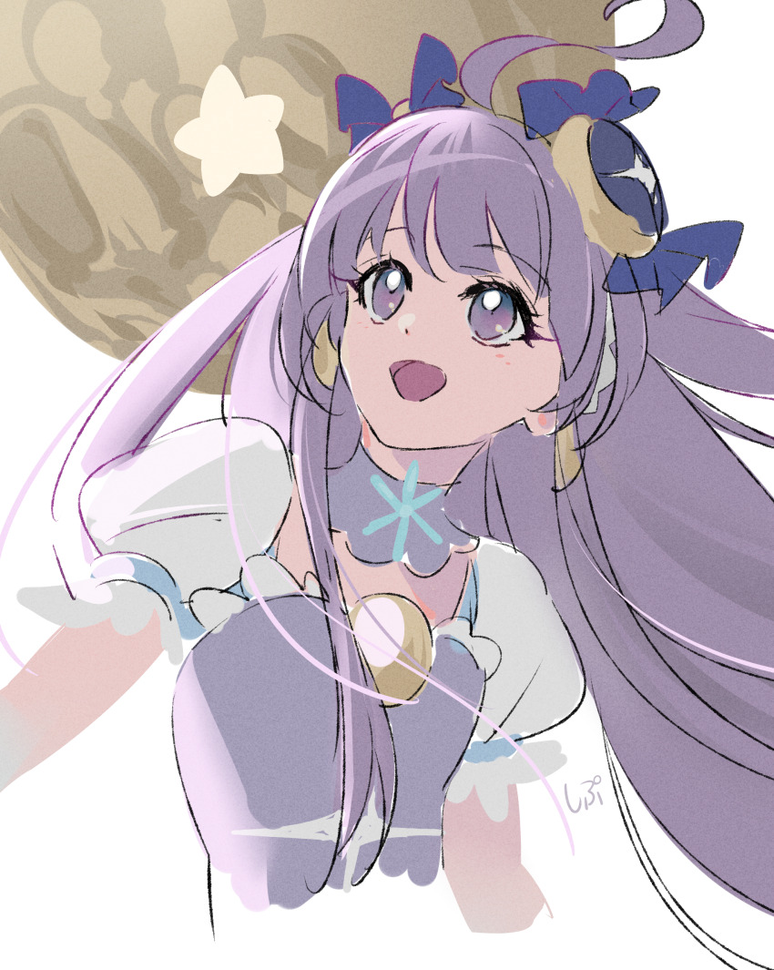1girl absurdres ahoge bare_arms blue_bow blunt_bangs bow brooch collar crescent crescent_hair_ornament cropped_torso cure_selene detached_collar dot_nose dress eyelashes frilled_dress frilled_sleeves frills full_moon hair_bow hair_ornament hair_tubes happy highres jewelry kaguya_madoka long_hair long_sidelocks moon open_mouth precure puffy_short_sleeves puffy_sleeves purple_collar purple_dress purple_eyes purple_hair shipu_(gassyumaron) short_sleeves sidelocks signature smile snowflakes solo star_(symbol) star_twinkle_precure tareme upturned_eyes very_long_hair white_background white_sleeves