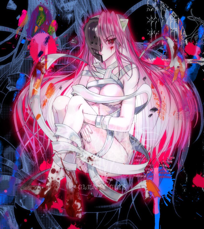 1girl absurdres bandages blood blush breasts elfen_lied feet gleamyguts highres long_hair lucy_(elfen_lied) mask nude pale_skin pink_hair red_eyes