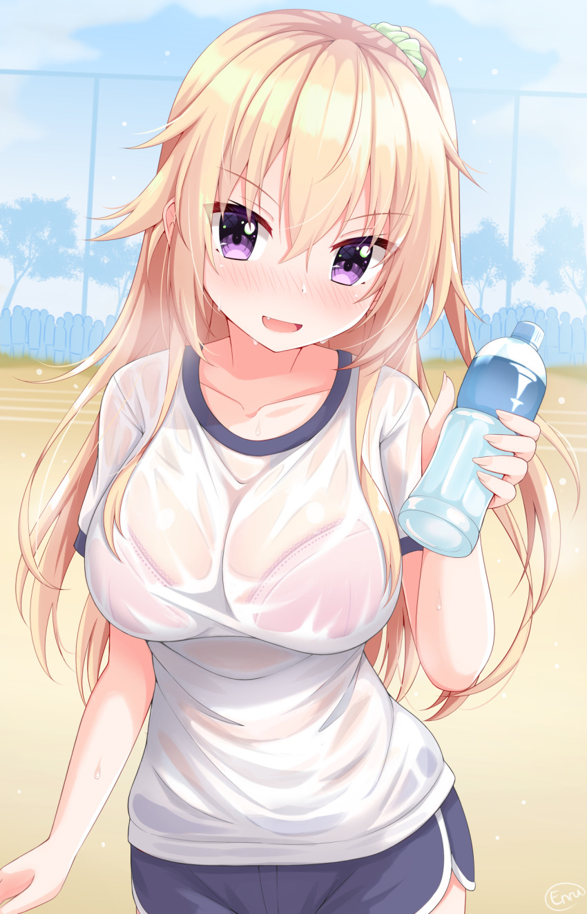 1girl blonde_hair blue_shorts blush bottle bra_visible_through_clothes bralines breasts enru fang gym_shirt gym_shorts gym_uniform highres holding holding_bottle large_breasts long_hair looking_at_viewer original outdoors purple_eyes see-through_clothes shirt short_sleeves shorts smile solo water_bottle wet wet_clothes wet_shirt white_shirt