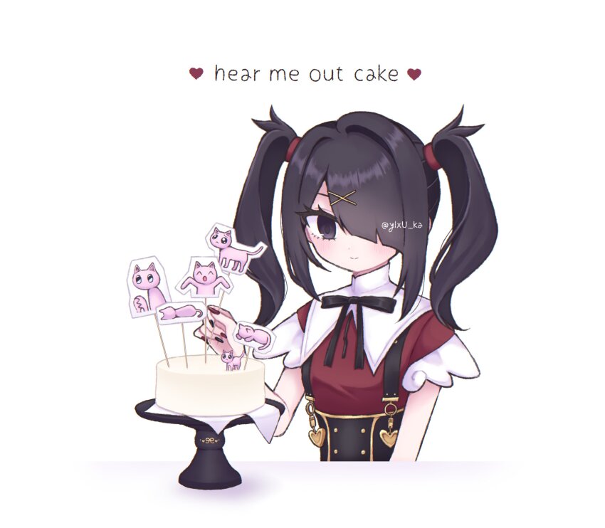 1girl ame-chan_(needy_girl_overdose) black_eyes black_hair black_ribbon cake cat closed_mouth collared_shirt cropped_torso english_text food hair_ornament hair_over_one_eye hear_me_out_cake_(meme) heart highres long_hair looking_at_viewer meme neck_ribbon needy_girl_overdose pien_cat_(needy_girl_overdose) red_shirt ribbon shirt simple_background smile solo suspenders twintails twitter_username white_background x_hair_ornament yui_(htbanz3)