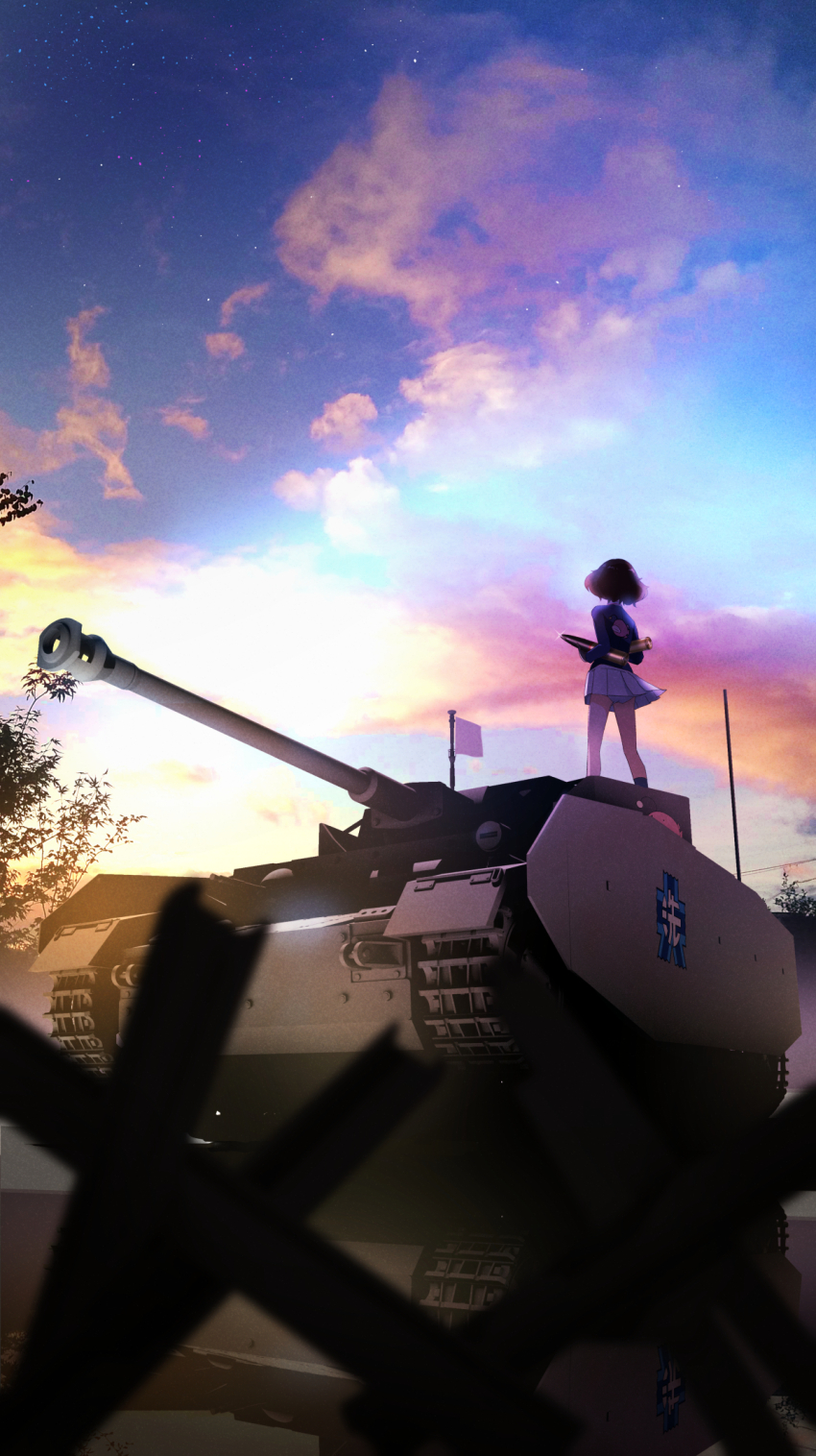 1girl akiyama_yukari anglerfish backlighting blackminolith_(2ne) blue_jacket blurry blurry_foreground cloud cloudy_sky commentary_request depth_of_field emblem facing_away fish flag flag_on_vehicle girls_und_panzer highres holding jacket long_sleeves messy_hair military_uniform military_vehicle miniskirt motor_vehicle multicolored_sky on_tank ooarai_(emblem) ooarai_military_uniform outdoors panties pantyshot panzer_iv partial_commentary pleated_skirt short_hair skirt sky solo standing tank tank_shell twilight underwear vehicle_focus white_flag white_skirt wind