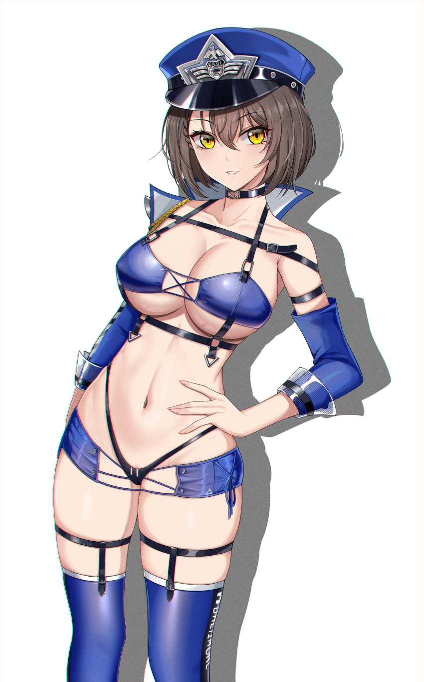 1girl absurdres aiguillette azur_lane baltimore_(azur_lane) baltimore_(finish_line_flagbearer)_(azur_lane) bikini black_bikini black_choker blue_bikini blue_boots blue_hat blue_jacket blue_shorts blue_sleeves boots braid breasts brown_hair chest_harness choker cleavage collarbone commentary cowboy_shot cropped_jacket detached_sleeves drop_shadow gloves hair_between_eyes hand_on_own_hip harness hat highleg highleg_bikini highres jacket large_breasts looking_at_viewer micro_shorts mismatched_bikini navel official_alternate_costume parted_lips peaked_cap race_queen shadow short_hair shorts sidelocks simple_background single_bare_shoulder single_detached_sleeve skindentation solo standing stomach swimsuit thigh_boots thigh_strap underboob white_background yellow_eyes zeukiar