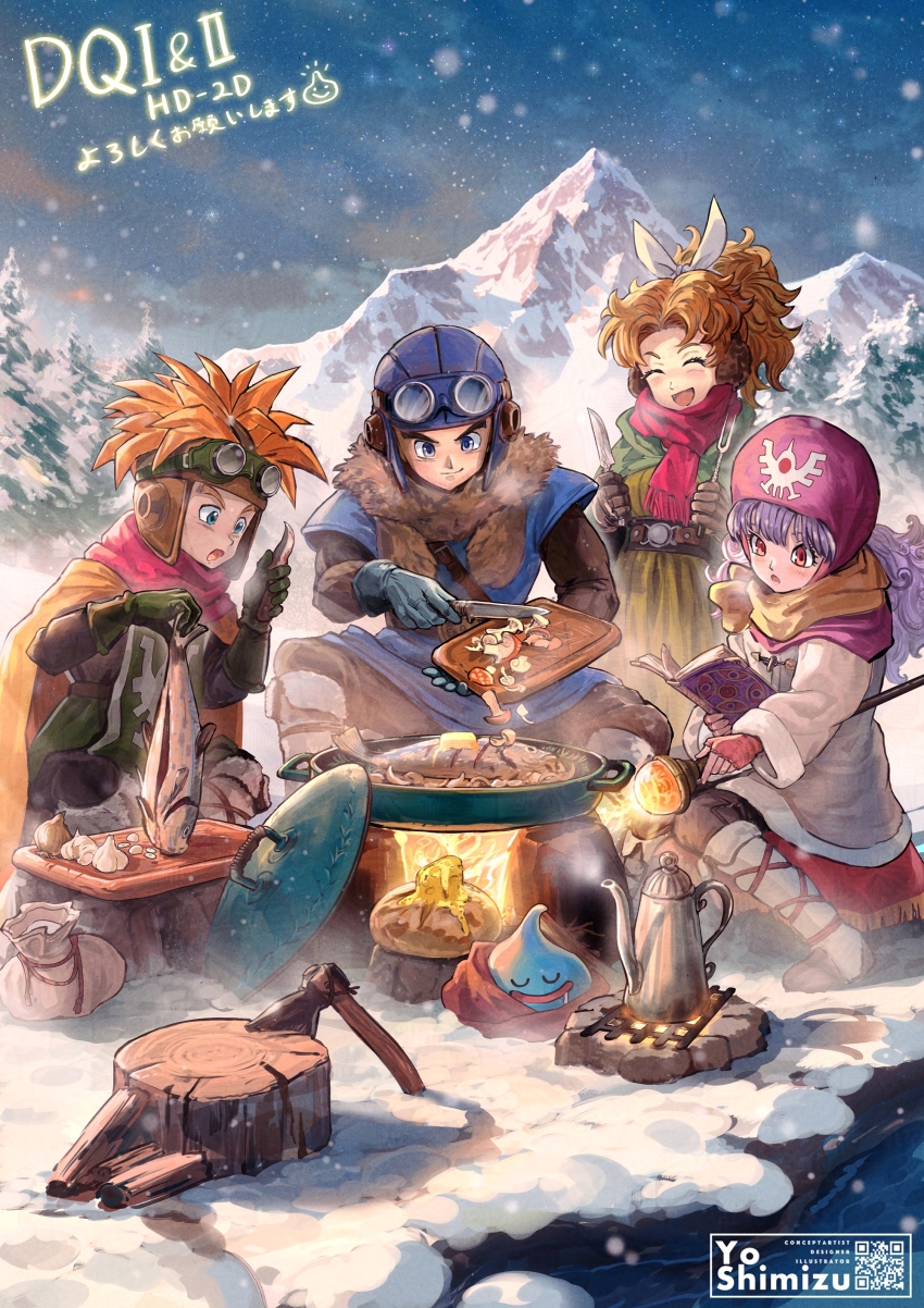 2boys 2girls absurdres axe black_bodysuit blonde_hair blue_eyes blue_hat blue_sky blue_tunic bodysuit boots bow brother_and_sister closed_eyes closed_mouth commentary_request cooking cooking_pot cousins dragon_quest dragon_quest_ii dress fish food full_body gloves goggles goggles_on_headwear green_gloves green_tabard hair_bow hat high_ponytail highres holding holding_knife holding_staff knife leg_warmers long_hair long_sleeves mountainous_horizon multiple_boys multiple_girls open_mouth orange_hair outdoors pine_tree pink_hood pink_scarf ponytail prince_of_lorasia prince_of_samantoria princess_of_moonbrook princess_of_samantoria purple_hair red_eyes robe scarf short_hair siblings sitting sky slime_(dragon_quest) snow snowing spiked_hair staff standing tabard tree tree_stump tunic white_bow white_robe yellow_dress yellow_scarf you_shimizu