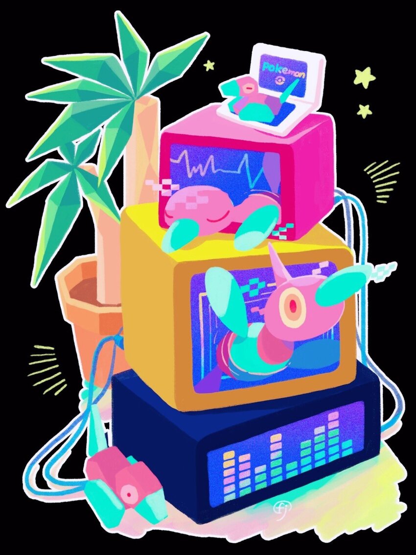 artist_name black_background cable chikafuji closed_eyes commentary_request evolutionary_line flower_pot gen_1_pokemon gen_2_pokemon gen_4_pokemon graphic_equalizer handheld_game_console highres nintendo nintendo_ds no_humans notice_lines outline plant poke_ball_symbol pokemon pokemon_(creature) porygon porygon-z porygon2 potted_plant simple_background sleeping sound_wave star_(symbol) u_u white_outline
