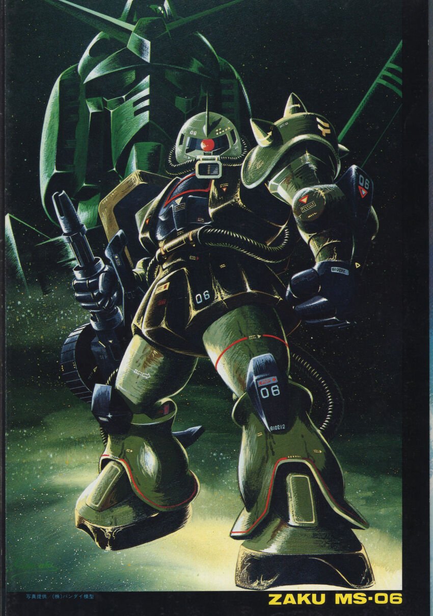 character_name clenched_hand green_background gun gundam highres holding holding_gun holding_weapon mecha mecha_focus mobile_suit_gundam no_humans non-web_source one-eyed painting_(medium) promotional_art red_eyes robot rx-78-2_gundam science_fiction sky standing star_(sky) starry_sky traditional_media tube v-fin weapon yasuhiko_yoshikazu zaku zaku_ii zaku_ii_s