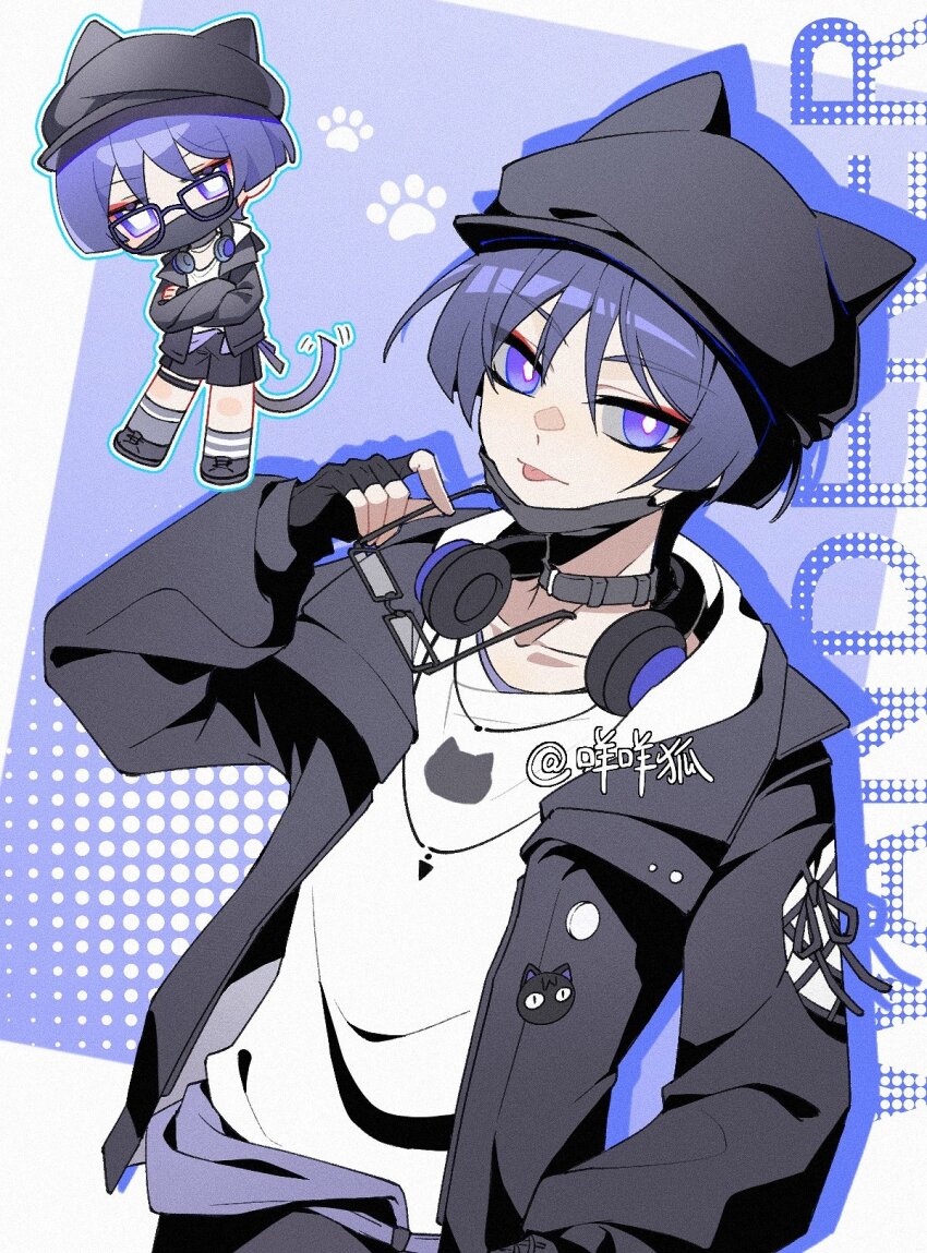 1boy alternate_costume animal_ear_headwear animal_ears arm_at_side belt belt_collar beret bespectacled black-framed_eyewear black_belt black_collar black_gloves black_hat black_jacket black_mask black_shoes black_shorts black_sleeves blunt_ends border bright_pupils casual cat_boy cat_ears cat_tail character_name chibi chibi_inset collar collarbone contemporary cross-laced_clothes cross-laced_sleeves crossed_arms dilated_pupils drop_shadow eyeliner eyeshadow fake_animal_ears fingerless_gloves genshin_impact glasses gloves grey_socks hand_up hat headphones headphones_around_neck highres holding holding_removed_eyewear jacket layered_collar long_sleeves looking_at_viewer makeup male_focus mask mask_pull mismatched_socks mohu_116 mouth_mask open_clothes open_jacket paw_print purple_background purple_eyes purple_hair red_eyeliner red_eyeshadow scaramouche_(genshin_impact) shirt shoes shorts socks solo striped_clothes striped_socks tail thigh_strap tongue tongue_out tsurime undershirt unworn_eyewear wanderer_(genshin_impact) white_border white_pupils white_shirt