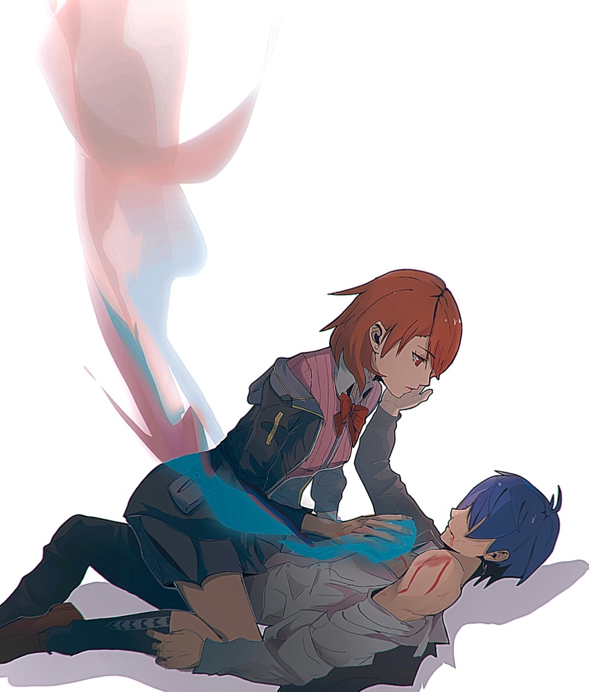 1boy 1girl black_jacket black_pants black_skirt black_socks bleeding blood blood_on_arm blood_on_face blue_hair bow bowtie brown_eyes brown_hair brown_shoes bruno_(brunitro) cardigan collared_shirt commentary earrings english_commentary feet_out_of_frame from_side girl_on_top hand_on_another&#039;s_cheek hand_on_another&#039;s_chest hand_on_another&#039;s_face hand_up healing highres injury jacket jewelry kneehighs looking_at_another looking_down looking_up lying magic medium_hair on_back open_clothes open_jacket pants persona persona_3 persona_3_reload pink_cardigan profile red_bow red_bowtie ribbed_cardigan shirt shoes short_hair single_bare_shoulder skirt socks stud_earrings takeba_yukari white_shirt yuuki_makoto_(persona_3)