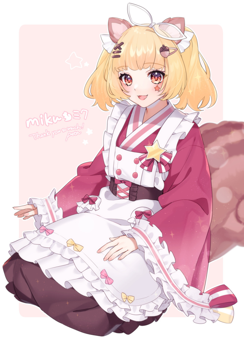 1girl :3 acorn_hair_ornament animal_ears apron blonde_hair blunt_bangs blurry bokeh border bow_hairband brown_tail commission depth_of_field facial_mark food-themed_hair_ornament full_body hair_ornament hair_scrunchie hairband hairclip hand_on_lap highres japanese_clothes kaiteki_live kimono kneeling komori_risu lolita_fashion marking_on_cheek open_mouth orange_eyes outside_border peta_(snc7) pink_background pink_kimono rounded_corners scrunchie second-party_source see-through_bow see-through_hairband short_kimono skeb_commission solo squirrel_ears squirrel_girl squirrel_tail star_(symbol) star_facial_mark striped_tail tail thank_you twintails wa_lolita white_apron white_border white_scrunchie wide_sleeves