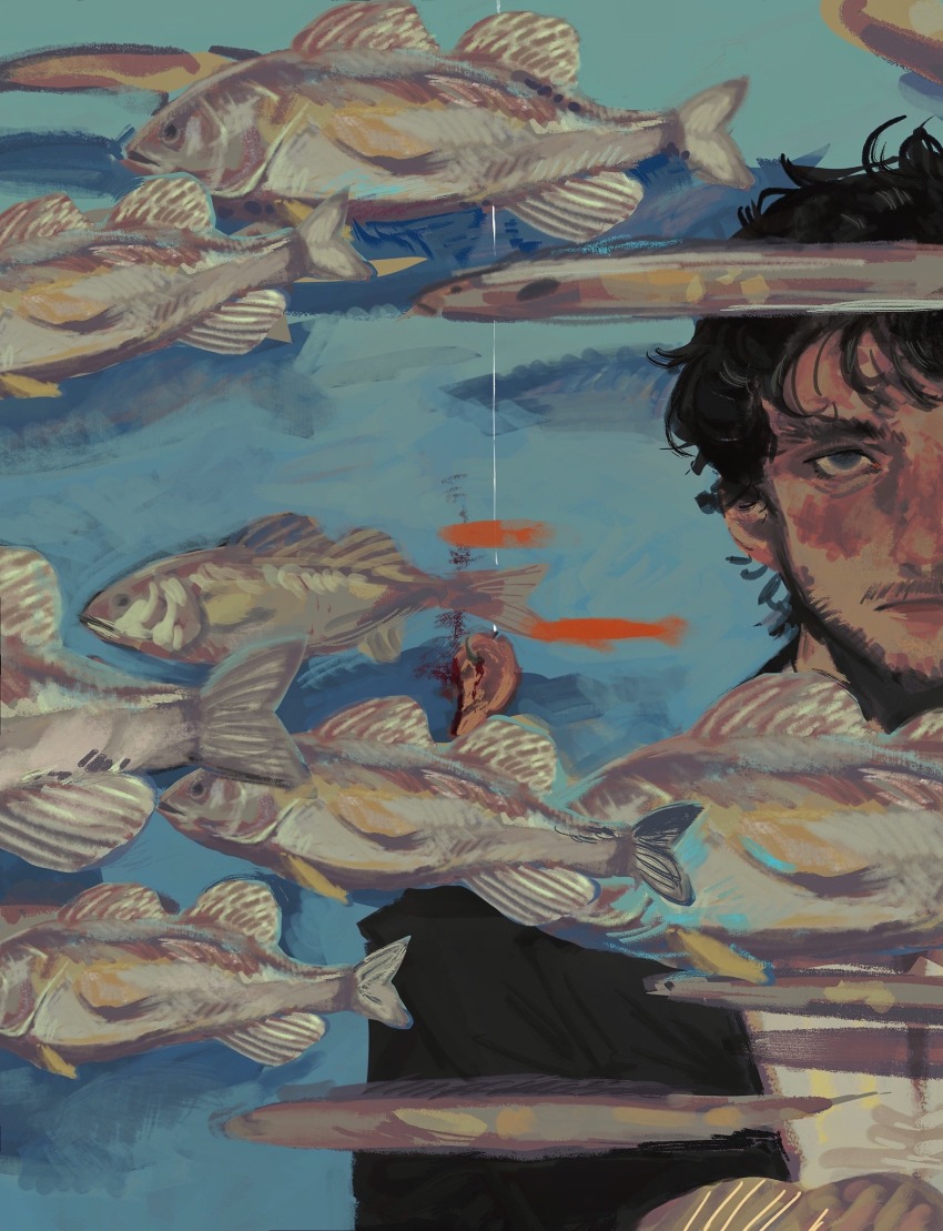 1boy 404blackbox aqua_background beard beard_stubble black_hair black_suit blood blue_eyes closed_mouth collared_shirt empty_eyes expressionless facial_hair fish fishing_line fishing_lure formal_clothes hannibal_(tv_series) highres looking_at_viewer male_focus missing_ear mustache_stubble school_of_fish shirt short_hair solo stubble suit upper_body white_shirt will_graham