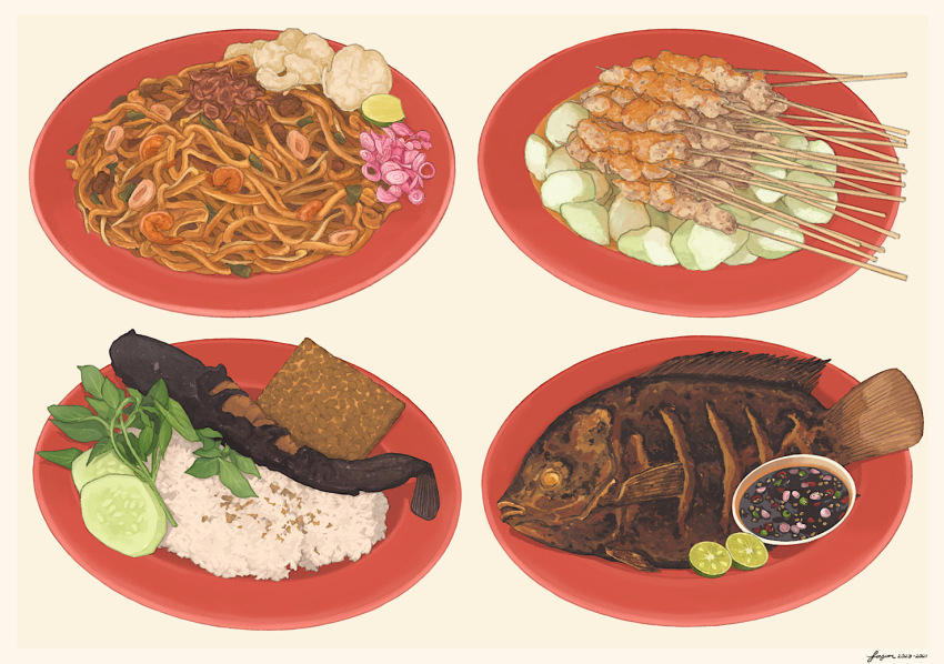 cucumber cucumber_slice fajar_kurniawan fish fish_(food) food food_focus fried_fish fruit leaf lime_(fruit) lime_slice meat no_humans noodles onion original plate realistic rice sauce saucer shrimp signature simple_background skewer spring_onion stick still_life white_background