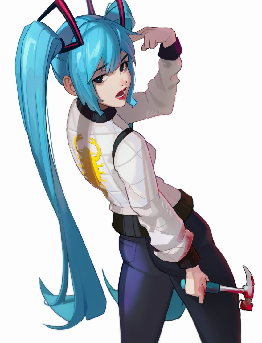 1girl absurdres ass black_eyes blood blood_on_clothes blood_on_hands bloody_weapon blue_hair blue_legwear blue_pupils claw_hammer cowboy_shot denim dethmaid drive_(movie) finger_gun finger_gun_to_head hair_between_eyes hammer hatsune_miku highres holding holding_hammer jacket jeans lipstick long_hair looking_at_viewer looking_back lower_teeth_only makeup open_mouth pants red_lips simple_background solo standing teeth very_long_hair vocaloid weapon white_background white_jacket
