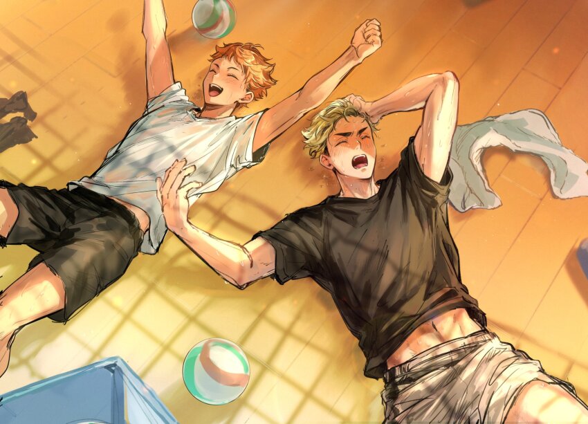 2boys arms_up ball black_shirt black_shorts blonde_hair blush closed_eyes exhausted haikyuu!! happy highres hinata_shouyou lying male_focus midriff_peek miya_atsumu multiple_boys open_mouth orange_hair shirt short_hair short_sleeves shorts simple_background smile sweat teeth thighs upper_teeth_only volleyball_(object) weii_hq wet wet_clothes wet_shirt white_shorts