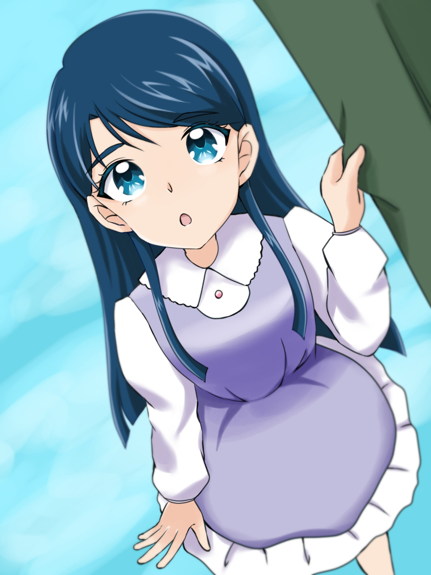 1girl 1other blue_eyes blue_hair child dress green_jacket highres jacket kagagagaga83 long_hair long_sleeves minazuki_karen open_mouth precure two-tone_dress yes!_precure_5