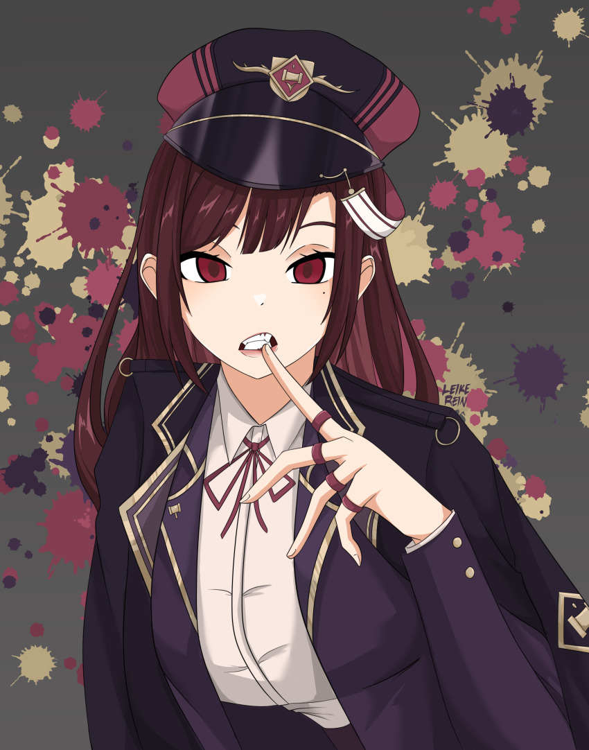 1girl absurdres banmin banmin_chan breasts brown_hair colored_skin eizoku_shizu eyeshadow eyeshadow_under_eye highres hime_cut large_breasts leike_rein lipstick long_hair makeup military_lolita mole permabanned red_eyes thick_thighs thighs virtual_youtuber white_skin