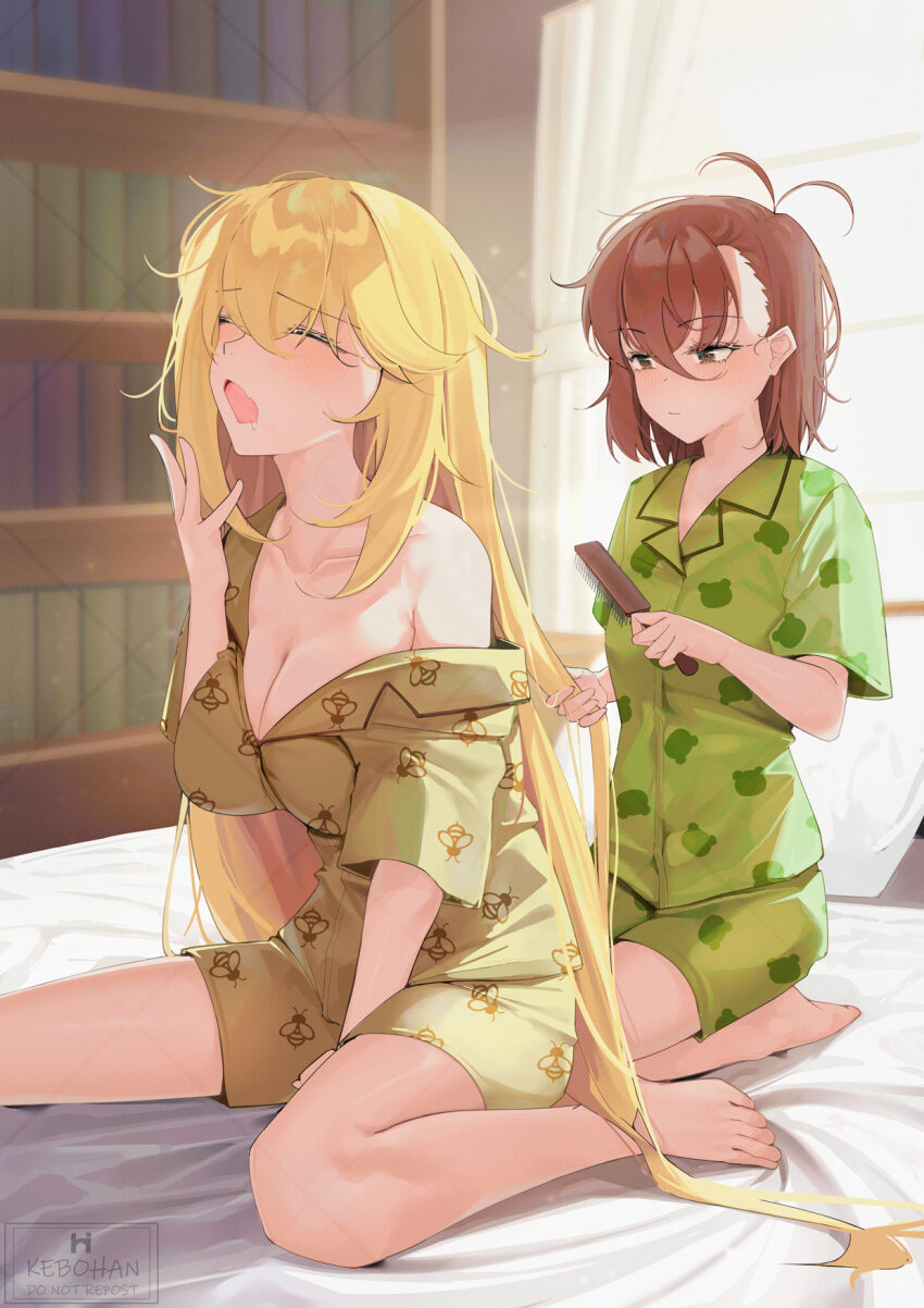 2girls animal_print barefoot bee_print blonde_hair bookshelf breasts brown_eyes brown_hair brushing_hair cleavage commission frog_print green_pajamas hair_between_eyes highres indoors kebohan large_breasts long_hair medium_hair messy_hair misaka_mikoto multiple_girls off_shoulder on_bed pajamas seiza shokuhou_misaki sitting toaru_kagaku_no_railgun toaru_majutsu_no_index very_long_hair wariza yawning yellow_pajamas