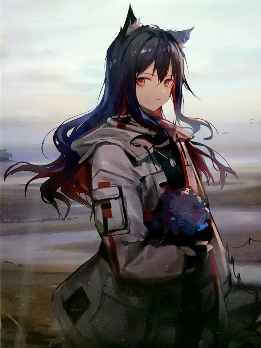 1girl animal_ear_fluff animal_ears arknights bad_id bad_twitter_id black_hair closed_mouth colored_inner_hair highres hood hood_down hooded_jacket huanxiang_heitu jacket long_hair long_sleeves multicolored_hair official_art open_clothes open_jacket orange_eyes red_hair solo texas_(arknights) texas_(winter_messenger)_(arknights) turtleneck wolf_ears wolf_girl