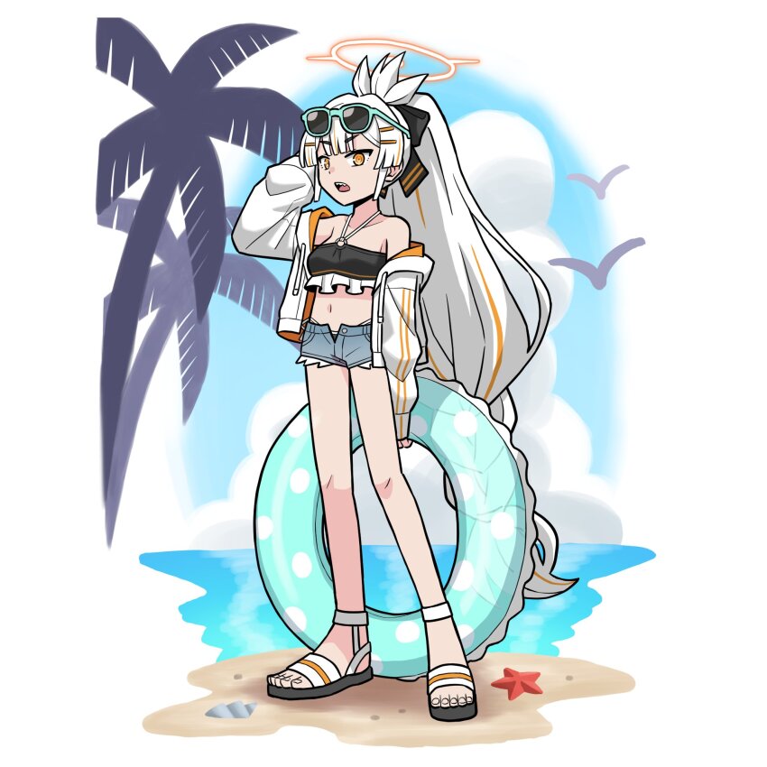 1girl beach bikini binah_(blue_archive) bird black_bikini black_ribbon blue_archive braid braided_ponytail collarbone denim denim_shorts eyewear_on_head feet frilled_bikini frills full_body hair_ribbon halo highres holding holding_swim_ring innertube jacket long_hair looking_at_viewer low-braided_long_hair low-tied_long_hair o-ring o-ring_top ocean open_clothes open_fly open_jacket open_mouth outdoors palm_tree personification ponytail ribbon ringed_eyes sand sandals seagull sharp_teeth shorts single_bare_shoulder single_off_shoulder solo standing starfish sunglasses swim_ring swimsuit tan teeth toes tree v-shaped_eyebrows very_long_hair washin water white_jacket yellow_eyes