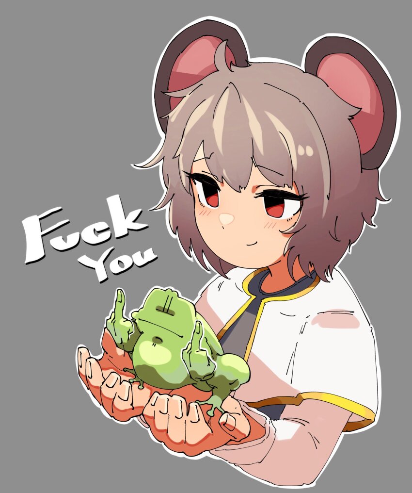1girl animal_ears blush capelet closed_mouth cookie_(touhou) cropped_torso double_middle_finger frog fuckin_animal grey_background grey_hair grey_vest highres kofji_(cookie) long_sleeves middle_finger mouse_ears mouse_girl nazrin odoro_(nicoseiga81184094) profanity red_eyes shirt short_hair simple_background smile solo touhou upper_body vest white_capelet white_shirt