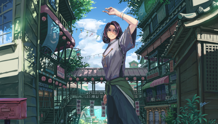 1girl absurdres architecture arm_up balcony black_hair blue_sky bracelet building city closed_mouth clothes_around_waist cloud cloudy_sky day east_asian_architecture highres jacket jacket_around_waist jewelry lantern looking_at_viewer medium_hair original outdoors pants paper_lantern plant potted_plant purple_eyes purple_hair railing ryon40716441 scenery shirt shop short_hair short_sleeves signature sky smile solo stairs standing tree wind_chime