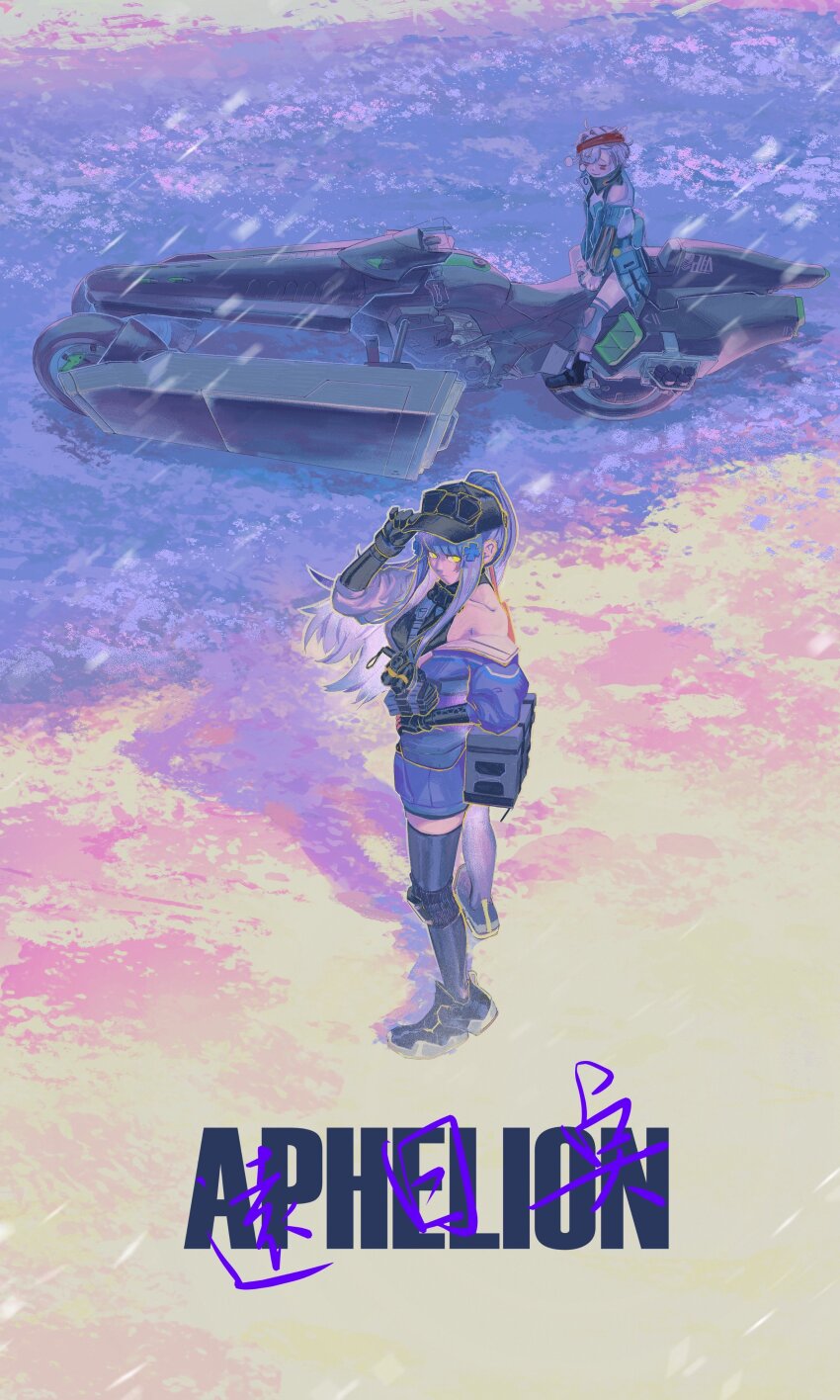 2girls absurdres adjusting_clothes adjusting_headwear akira_(manga) akira_movie_poster bandana baseball_cap black_hat black_shoes blush_stickers commentary cross_hair_ornament english_text flashbang full_body g11_(girls&#039;_frontline) girls&#039;_frontline girls&#039;_frontline_2:_exilium green_eyes green_jacket hair_ornament hat highres hk416_(girls&#039;_frontline) invertedqueen jacket klukai_(girls&#039;_frontline_2) knee_pads long_hair looking_at_viewer magazine_(weapon) mechty_(girls&#039;_frontline_2) motor_vehicle motorcycle multicolored_jacket multiple_girls off_shoulder on_motorcycle parody ponytail purple_jacket red_bandana shoes sidelocks sitting sleeping sneakers tattoo teardrop_facial_mark teardrop_tattoo two-tone_jacket white_jacket