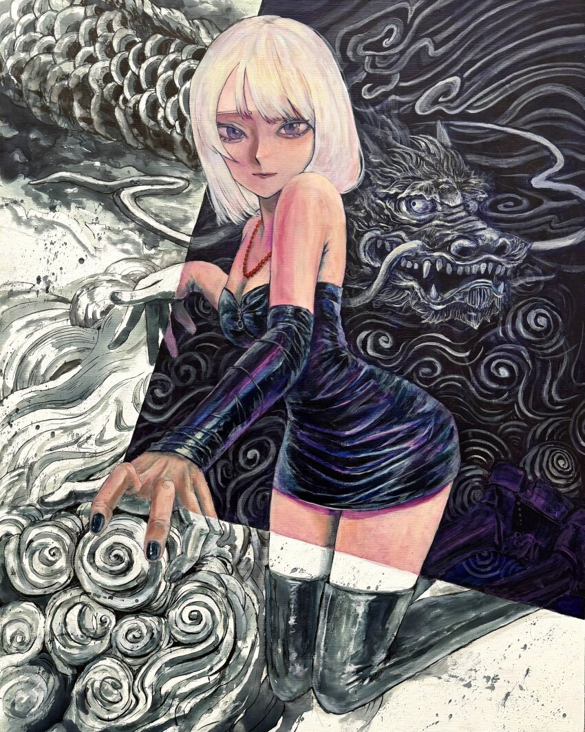 1girl absurdres armpit_crease bare_shoulders bead_necklace beads black_nails boots breasts cleavage closed_mouth commentary_request detached_sleeves dragon dress eastern_dragon foot_out_of_frame full_body highres jewelry kneeling large_breasts lips looking_at_viewer lui_n24 necklace original parted_bangs purple_boots purple_dress purple_eyes purple_sleeves short_hair solo strapless strapless_dress thigh_boots traditional_media white_hair