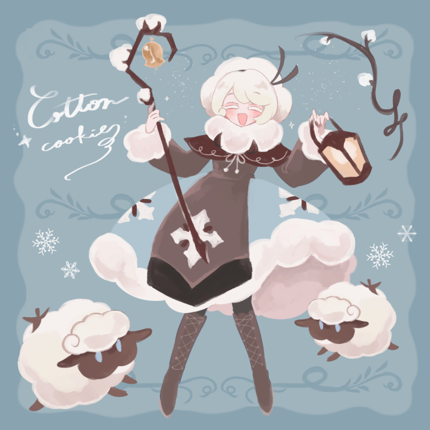 1girl bell boots closed_eyes cookie_run cookie_run:_kingdom cotton_cookie dress full_body fur_trim highres holding holding_lantern holding_staff humanization lantern long_sleeves looking_at_viewer mamimumemo personification sheep shepherd&#039;s_crook smile solo staff standing white_hair