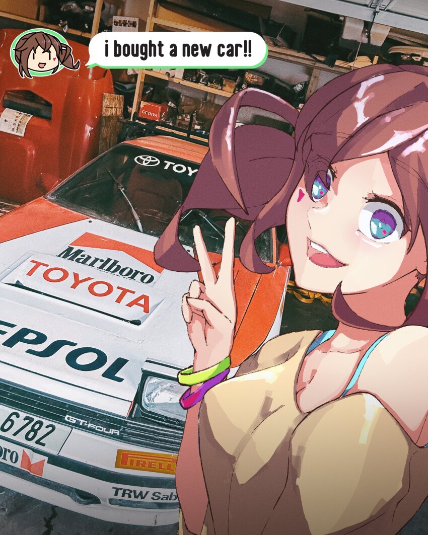 1girl absurdres blue_eyes bracelet breasts brown_hair car cleavage collarbone english_text facial_mark floating_hair funkygarage heart heart_facial_mark highres jewelry kaho_(funkygarage) looking_at_viewer marlboro medium_breasts motor_vehicle open_mouth original pirelli selfie smile solo text_messaging toyota toyota_celica toyota_celica_t160 v world_rally_championship