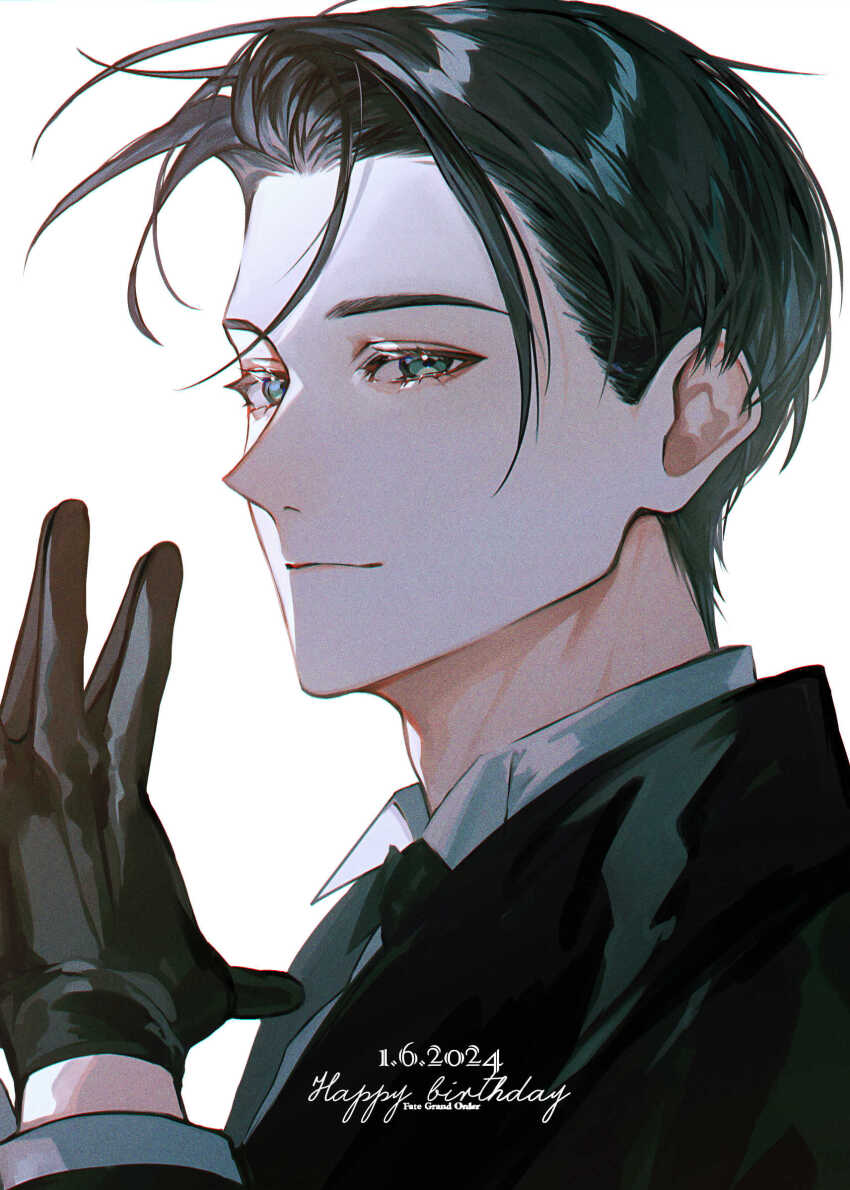 1boy albino_(a1b1n0623) black_coat black_gloves black_hair black_necktie blue_eyes coat collared_shirt copyright_name dated fate/grand_order fate_(series) formal_clothes gloves happy_birthday highres holding jacket long_sleeves looking_at_viewer male_focus necktie own_hands_together sherlock_holmes_(fate) shirt short_hair simple_background smile solo white_background