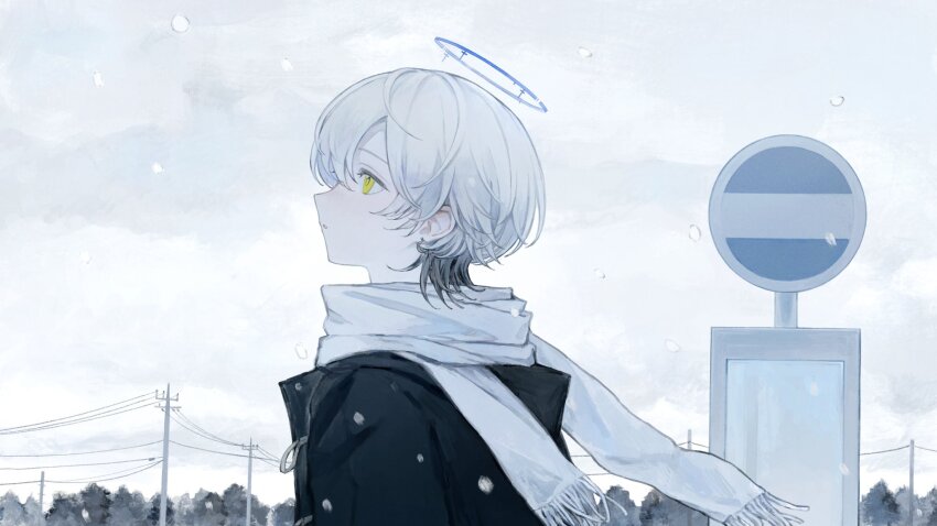 1girl amamanoban black_coat blue_halo cloud cloudy_sky coat day eyelashes halo highres indie_utaite medium_hair outdoors parted_lips power_lines profile road_sign scarf sign sky snowing tree upper_body utaite utility_pole white_hair white_scarf yellow_eyes