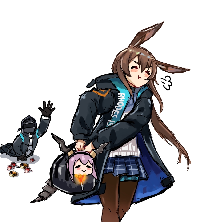 1other 2girls amiya_(arknights) animal_ears arknights bag black_hairband black_horns black_jacket blush_stickers brown_hair brown_pantyhose closed_eyes closed_mouth commentary cowboy_shot doctor_(arknights) english_commentary gloves hair_between_eyes hairband hand_up highres holding holding_bag hood hood_up hooded_jacket horn_hairband horns jacket long_hair long_sleeves miniskirt multiple_girls on_floor open_clothes open_jacket orundum_(arknights) pantyhose plaid_clothes plaid_skirt pleated_skirt purple_hair rabbit_ears rabbit_girl shura_(shura_cs) simple_background skirt tail typhon_(arknights) very_long_hair white_background