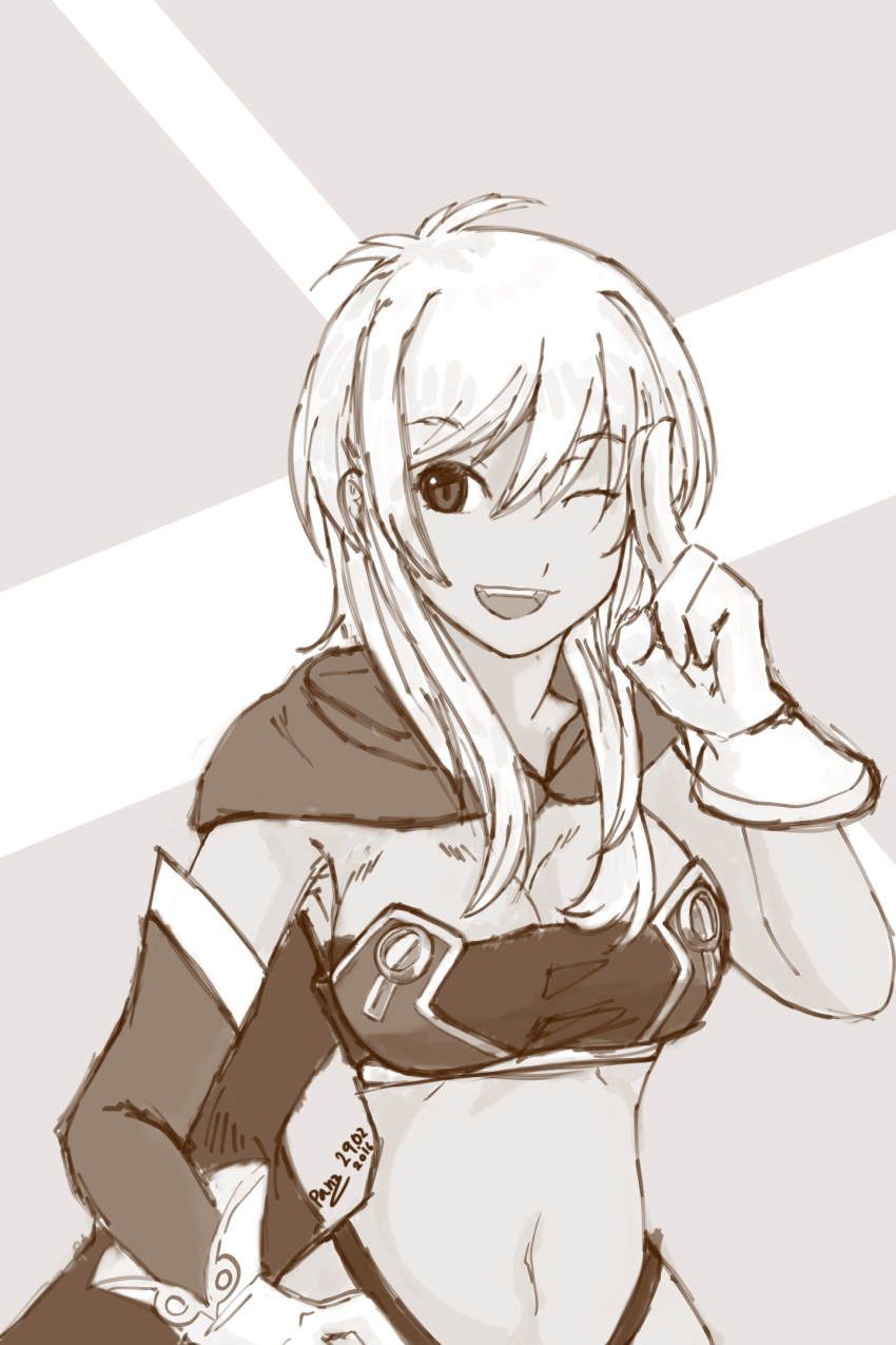 1girl breasts cape cleavage dated dot_nose elbow_gloves female_focus gloves hand_gesture highres long_hair looking_at_viewer medium_breasts midriff navel one_eye_closed open_mouth rondorine_e._effenberg scarf signature smile solo tales_of_(series) tales_of_phantasia:_narikiri_dungeon tales_of_phantasia:_narikiri_dungeon_x teeth upper_teeth_only wink