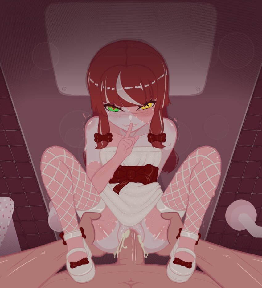 1boy 1girl blush bow cum cum_in_pussy dress finger_to_mouth fishnet_thighhighs fishnets full_body green_eyes hair_bow hetero heterochromia highres hololive hololive_indonesia huntamann kureiji_ollie long_hair looking_at_viewer mary_janes multicolored_hair penis pov pov_crotch pov_hands red_bow red_hair sex shoes shushing sleeveless sleeveless_dress solo_focus spread_legs stitched_arm stitches streaked_hair sweat symbol-shaped_pupils textless_version thigh_grab thighhighs thighs tile_wall tiles uncensored vaginal virtual_youtuber white_dress white_hair white_shoes white_thighhighs x-shaped_pupils yellow_eyes