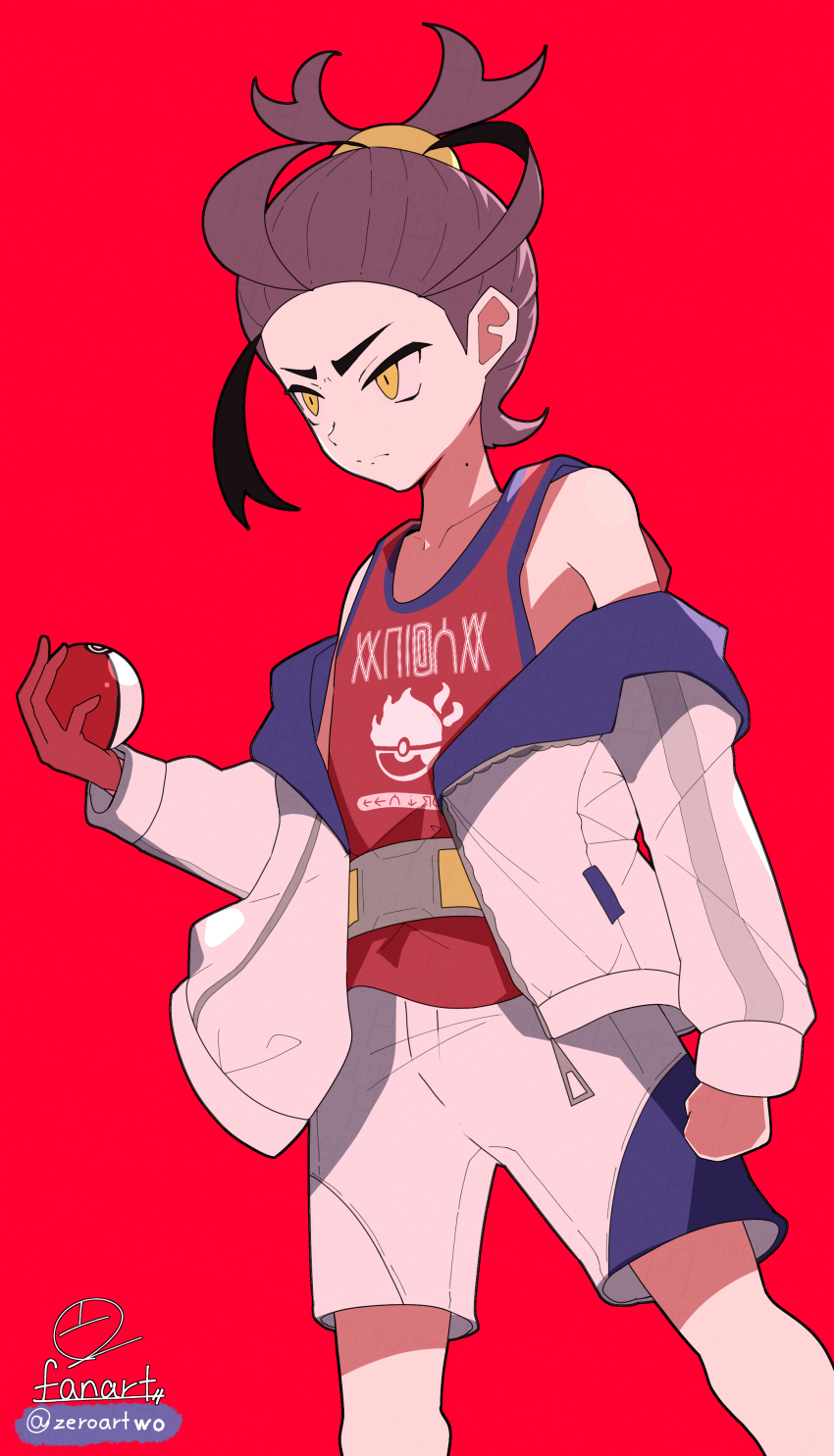 1boy absurdres artist_name black_hair blueberry_academy_school_uniform clenched_hand collarbone frown glaring gloves gradient_background highres holding holding_poke_ball jacket kieran_(pokemon) long_sleeves male_focus mole mole_on_neck nintendo off_shoulder pink_background poke_ball pokemon pokemon_sv purple_hair red_background red_gloves red_tank_top school_uniform shorts simple_background single_glove slit_pupils standing tank_top twitter_username white_jacket white_shorts yellow_eyes zeroartwo