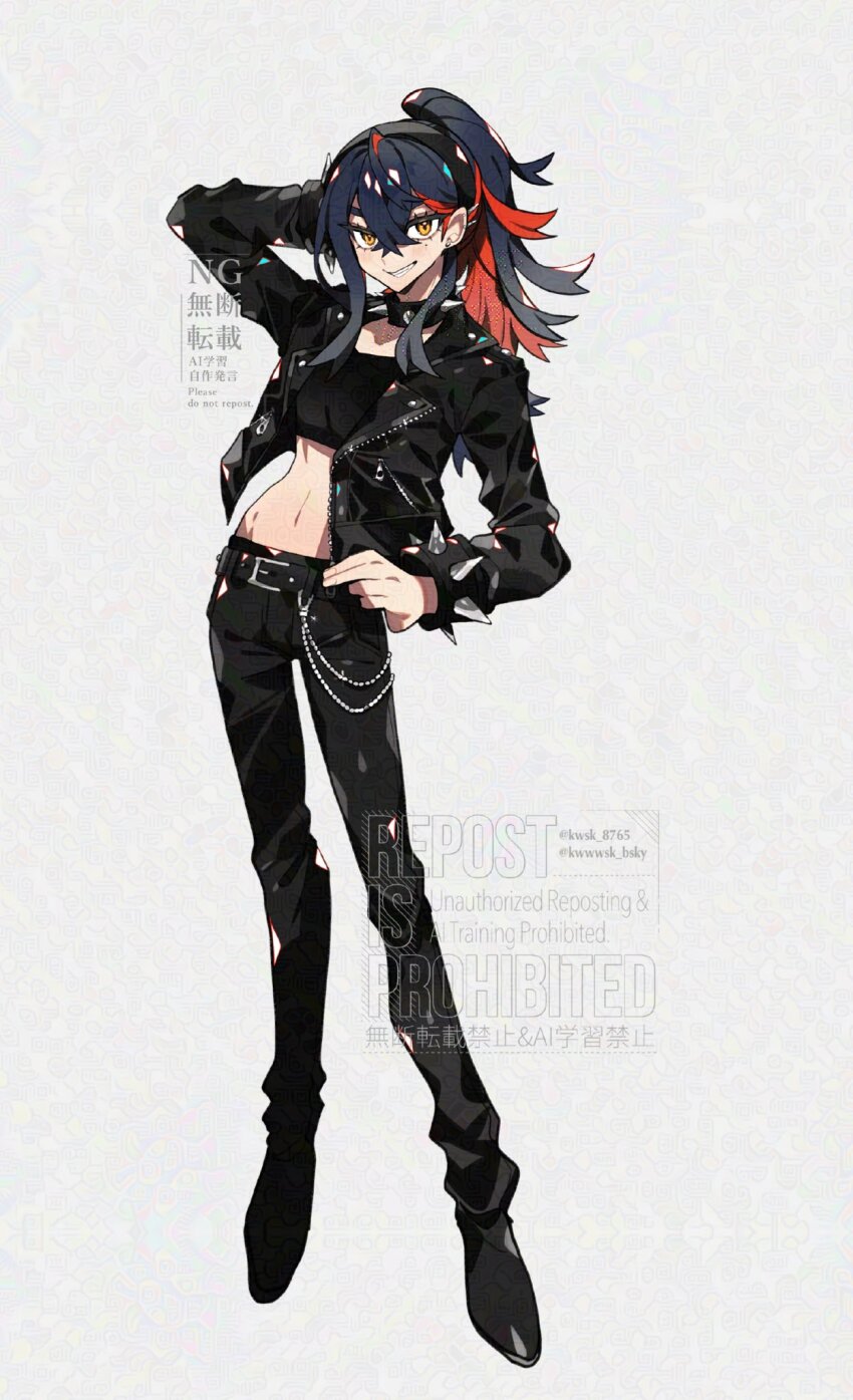 1girl alternate_costume alternate_hairstyle belt black_belt black_choker black_hair black_hairband black_jacket black_pants black_shoes bracelet carmine_(pokemon) choker colored_inner_hair crop_top crossed_bangs ear_piercing eyelashes full_body hair_between_eyes hairband highres jacket jewelry kawasaki_(kwsk_8765) long_sleeves looking_at_viewer midriff mole mole_under_eye multicolored_hair navel nintendo open_clothes open_jacket pants piercing pokemon pokemon_sv ponytail red_hair shoes smile solo spiked_bracelet spiked_choker spikes two-tone_hair white_background yellow_eyes