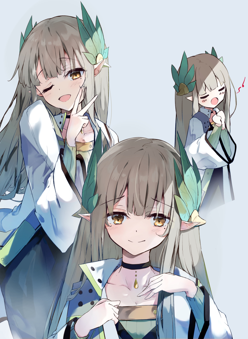 1girl 5nikorai :o ;d absurdres arknights black_skirt breasts brown_eyes brown_hair cleavage closed_eyes closed_mouth collarbone commentary green_shirt grey_background highres jacket long_hair long_sleeves mole mole_under_eye muelsyse_(arknights) multiple_views music musical_note one_eye_closed open_clothes open_jacket open_mouth pointy_ears quarter_note shirt simple_background singing skirt small_breasts smile very_long_hair white_jacket wide_sleeves