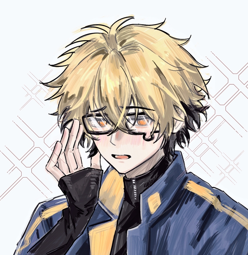 1boy adjusting_eyewear bespectacled black_hair black_shirt blonde_hair blue_jacket blush chinese_commentary glasses hair_between_eyes hand_up highres jacket kaka523060 long_sleeves looking_at_viewer male_focus multicolored_hair open_mouth orange_eyes shiguang_dailiren shirt short_hair simple_background sleeves_past_wrists solo sparkle turtleneck two-tone_hair upper_body white_background xia_fei zipper