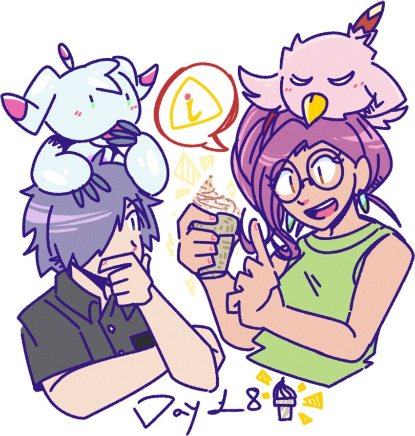 digimon digimon_(creature) digimon_adventure_02 digimon_adventure_02:_the_beginning food happy highres ice_cream inoue_miyako long_hair looking_at_another owada_rui poromon smile ukkomon