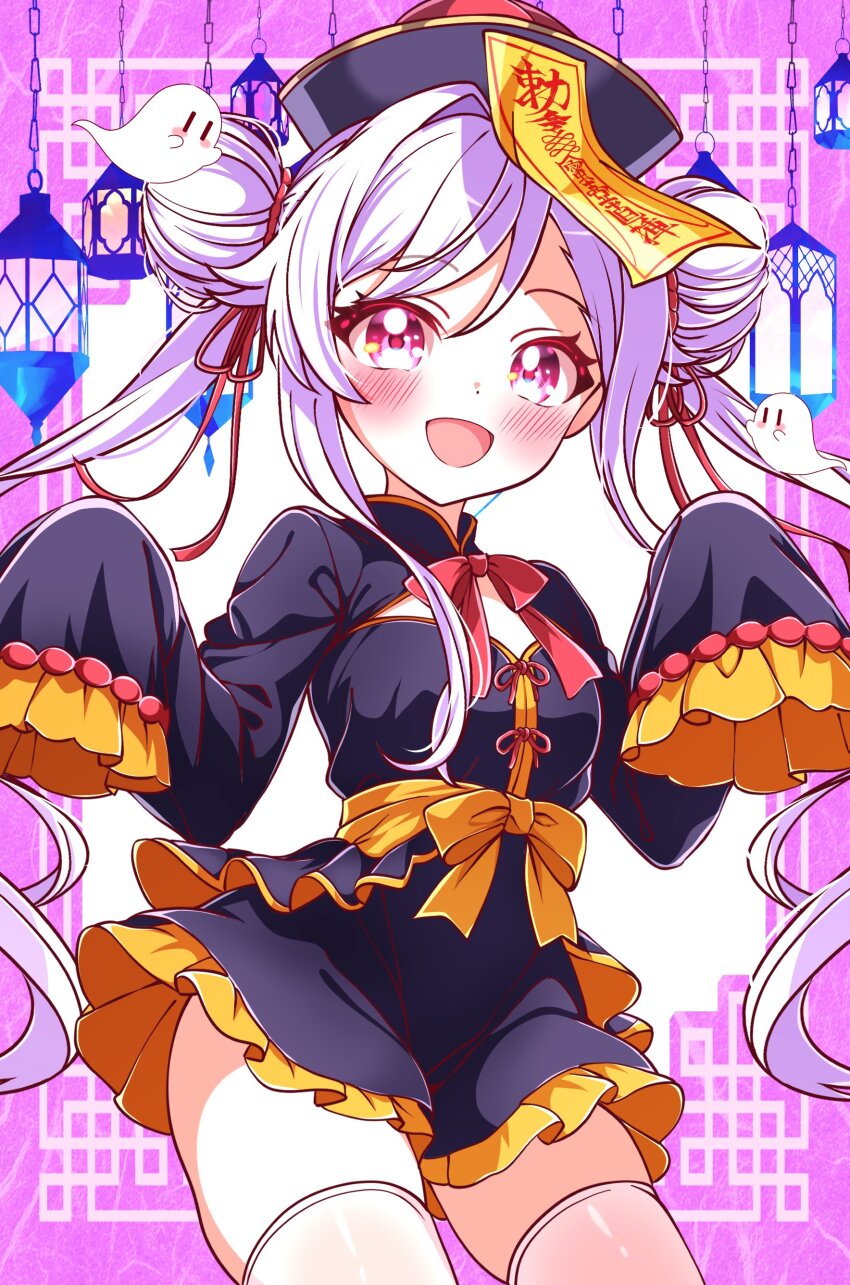 1girl :d absurdres blush chinese_clothes double_bun dress eighth_note frilled_sleeves frills hair_bun hat highres jiangshi kanaria_chick long_hair long_sleeves looking_at_viewer musical_note niizuma_yae ofuda open_mouth qingdai_guanmao sleeves_past_fingers sleeves_past_wrists smile solo thighhighs white_hair world_dai_star
