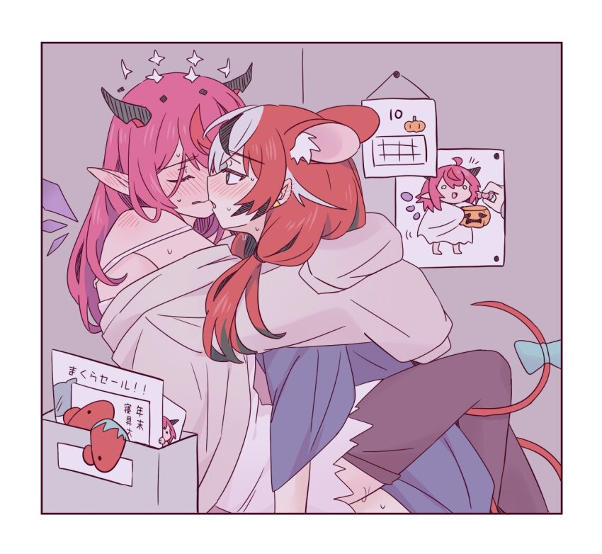 2girls animal_ears between_legs black_streaks black_thighhighs blush calendar_(object) ear_blush earclip energy grey_sweater hakos_baelz halo hololive hololive_english horns irys_(hololive) long_hair mouse_ears mouse_girl mouse_tail multiple_girls open_mouth parted_lips pink_hair pointy_ears ramphastostella red_hair strap_slip sweat sweater tail thighhighs twintails virtual_youtuber white_streaks yuri