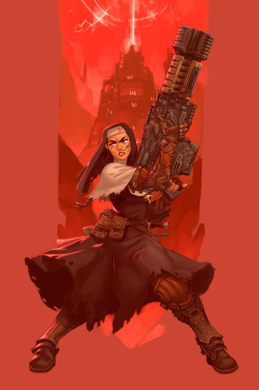 1girl artificial_eye belt_pouch black_dress capelet commentary cromwaits cross cross_necklace cyborg doom_(series) doom_eternal dress energy_gun english_commentary eyebrow_cut fingerless_gloves full_body gloves gun habit highres holding holding_gun holding_weapon huge_weapon jewelry latin_cross mechanical_eye mechanical_hands necklace nun original pinky_out plasma_rifle pouch red_background red_eyes short_sword single_mechanical_hand solo standing sword thick_eyebrows torn_clothes torn_dress tower weapon white_capelet